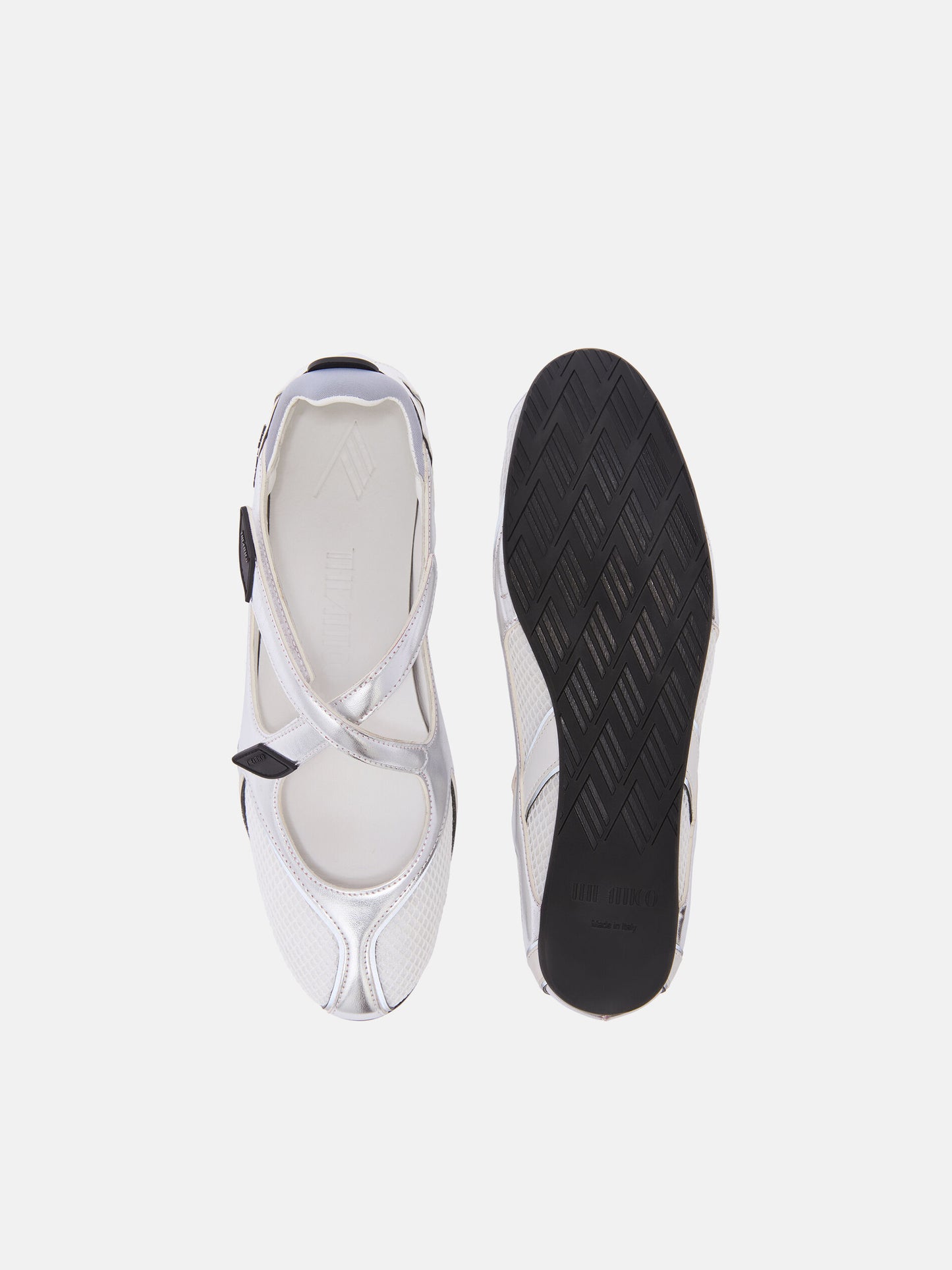 Ballerina flat Floor 01 The Attico in tessuto sintetico silver, vista dall'alto, su sfondo bianco